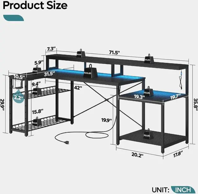 Alt view image 2 of 7 - Gaming Desk with Power Outlets, 71.5 LED Computer Desk with Long Monitor Stand, Large L Shaped Corner Desk with Storage Shelf, Cup Holder Headset Hooks, Cool Desk for Gaming Room, Black