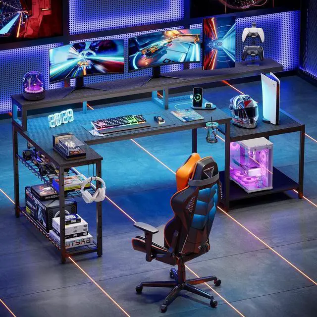 Alt view image 3 of 7 - Gaming Desk with Power Outlets, 71.5 LED Computer Desk with Long Monitor Stand, Large L Shaped Corner Desk with Storage Shelf, Cup Holder Headset Hooks, Cool Desk for Gaming Room, Black