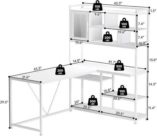 Alt view image 2 of 7 - L Shape Computer Desk, 58'' Office Desk with LED Light and Bookshelf, L Shaped Corner Desk with Storage Shelves for Home Office, Gaming Desk, L Desk, White