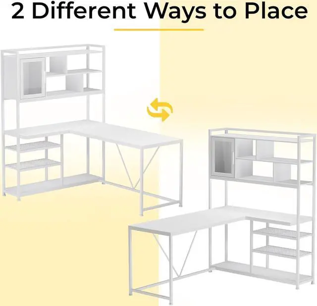 Alt view image 3 of 7 - L Shape Computer Desk, 58'' Office Desk with LED Light and Bookshelf, L Shaped Corner Desk with Storage Shelves for Home Office, Gaming Desk, L Desk, White