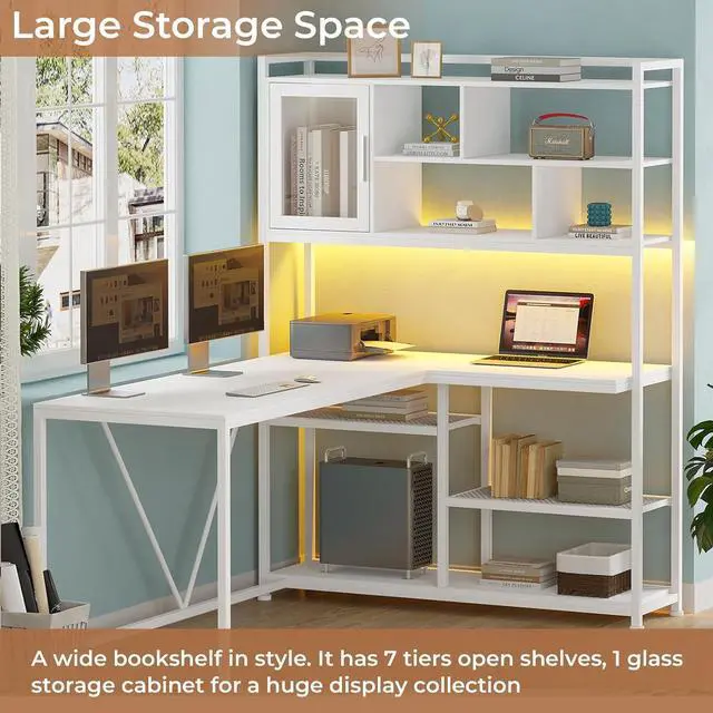 Alt view image 5 of 7 - L Shape Computer Desk, 58'' Office Desk with LED Light and Bookshelf, L Shaped Corner Desk with Storage Shelves for Home Office, Gaming Desk, L Desk, White