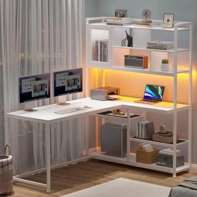 Alt view image 4 of 7 - L Shape Computer Desk, 58'' Office Desk with LED Light and Bookshelf, L Shaped Corner Desk with Storage Shelves for Home Office, Gaming Desk, L Desk, White