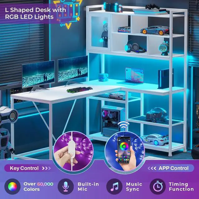 Alt view image 6 of 7 - L Shape Computer Desk, 58'' Office Desk with LED Light and Bookshelf, L Shaped Corner Desk with Storage Shelves for Home Office, Gaming Desk, L Desk, White