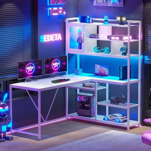 Alt view image 7 of 7 - L Shape Computer Desk, 58'' Office Desk with LED Light and Bookshelf, L Shaped Corner Desk with Storage Shelves for Home Office, Gaming Desk, L Desk, White