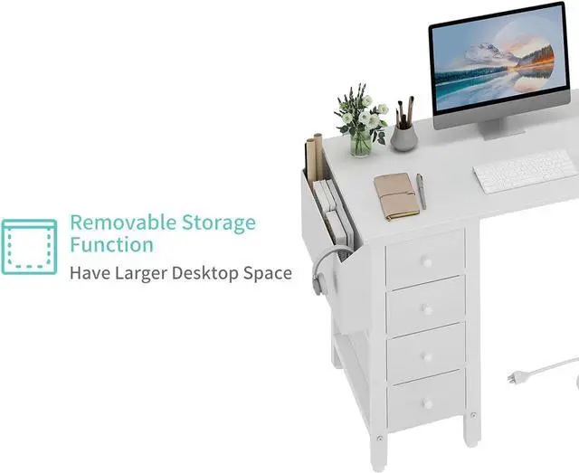 Alt view image 7 of 7 - Lufeiya White L Shaped Computer Desk with Drawers & Storage Shelves, 47 Inch Corner Reversible Desk with Power Outlet for Home Office Bedroom, L-Shaped Teen PC Desks with Fabric Drawer, White
