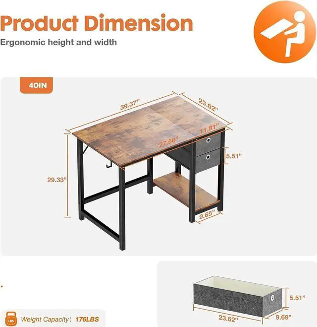 Alt view image 2 of 7 - Computer Desk with Drawers 40 Inch Home Office Desk Writing Desk Work Desk PC Table Study Desk with 2-Tier Drawers Storage Shelf Side Hook, Modern Style for Small Spaces, Bedroom, Gaming