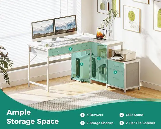 Alt view image 6 of 7 - A L Shaped Computer Desk with Fabric Drawers and File Cabinet, 53" Reversible Home Office Workstation Desk with Power Outlets & Host Stand, Corner Gaming Table with Storage Shelves, White