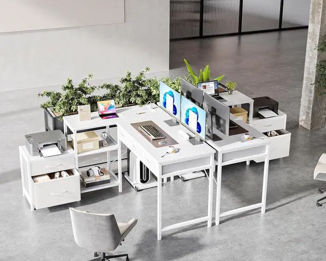Alt view image 7 of 7 - A L Shaped Computer Desk with Fabric Drawers and File Cabinet, 53" Reversible Home Office Workstation Desk with Power Outlets & Host Stand, Corner Gaming Table with Storage Shelves, White