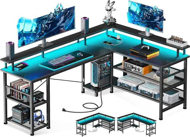 Main image of 59" L Shaped Gaming Desk with Power Outlet and LED Lights, Reversible L Shaped Desk with Storage Shelves & Monitor Stand, Gaming Desk with USB Ports, Home Office Desk, Black Carbon Fiber