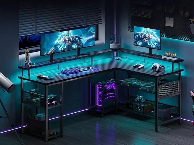 Alt view image 7 of 7 - 59" L Shaped Gaming Desk with Power Outlet and LED Lights, Reversible L Shaped Desk with Storage Shelves & Monitor Stand, Gaming Desk with USB Ports, Home Office Desk, Black Carbon Fiber