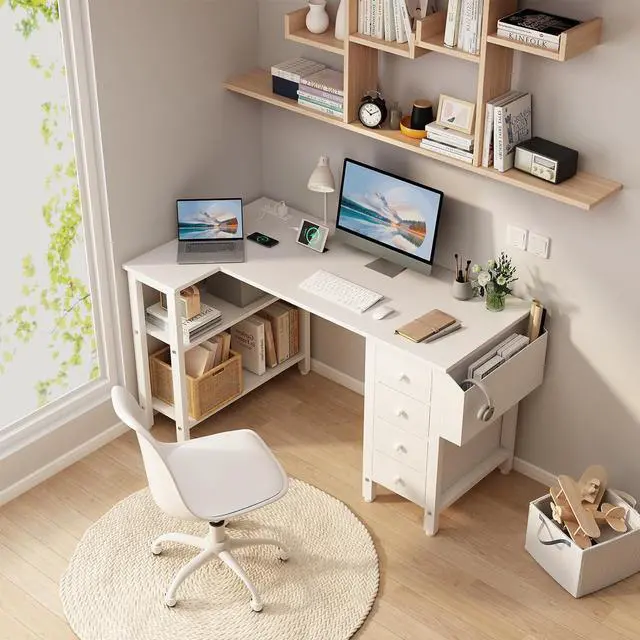 Alt view image 2 of 7 - Lufeiya White L Shaped Computer Desk with Drawers & Storage Shelves, 47 Inch Corner Reversible Desk with Power Outlet for Home Office Bedroom, L-Shaped Teen PC Desks with Fabric Drawer, White