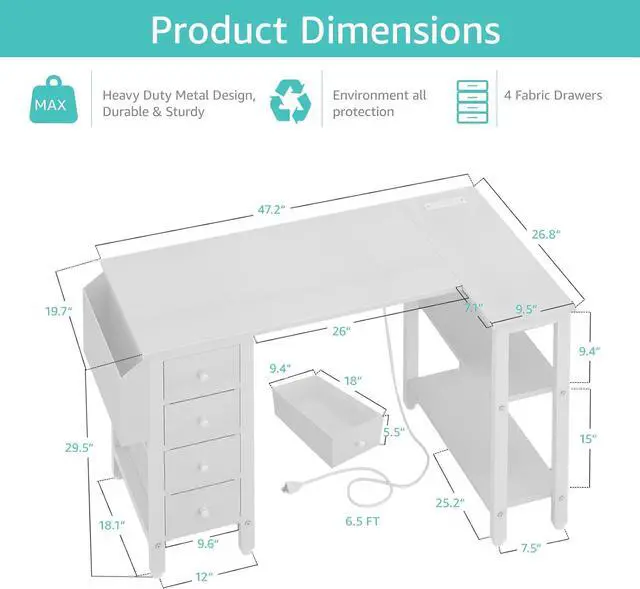 Alt view image 3 of 7 - White L Shaped Computer Desk with Drawers & Storage Shelves, 47 Inch Corner Desk with Power Outlet for Home Office Bedroom, L-Shaped Teen PC Desks with Fabric Drawer, White
