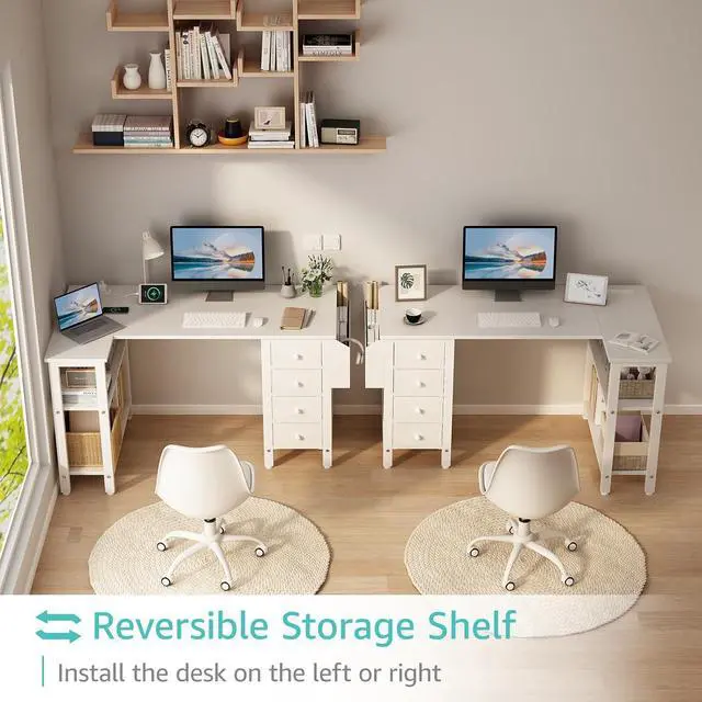 Alt view image 4 of 7 - Lufeiya White L Shaped Computer Desk with Drawers & Storage Shelves, 47 Inch Corner Reversible Desk with Power Outlet for Home Office Bedroom, L-Shaped Teen PC Desks with Fabric Drawer, White