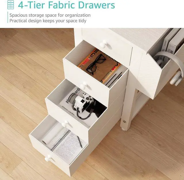 Alt view image 5 of 7 - Lufeiya White L Shaped Computer Desk with Drawers & Storage Shelves, 47 Inch Corner Reversible Desk with Power Outlet for Home Office Bedroom, L-Shaped Teen PC Desks with Fabric Drawer, White