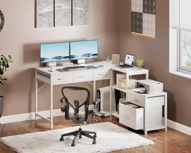 Alt view image 2 of 7 - A L Shaped Computer Desk with Fabric Drawers and File Cabinet, 53" Reversible Home Office Workstation Desk with Power Outlets & Host Stand, Corner Gaming Table with Storage Shelves, White