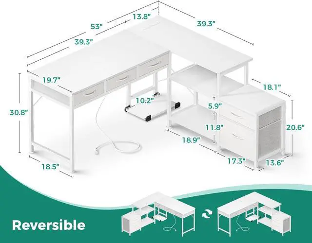 Alt view image 3 of 7 - A L Shaped Computer Desk with Fabric Drawers and File Cabinet, 53" Reversible Home Office Workstation Desk with Power Outlets & Host Stand, Corner Gaming Table with Storage Shelves, White