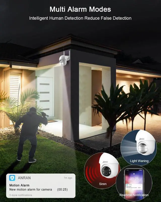 Alt view image 6 of 7 - ANRAN 2K Security Camera Wireless Outdoor, Solar Outdoor Camera with 360° View, Smart Siren, Spotlights, Color Night Vision, PIR Human Detection, Pan Tilt Control, 2-Way Talk, Q01W 2 Packs