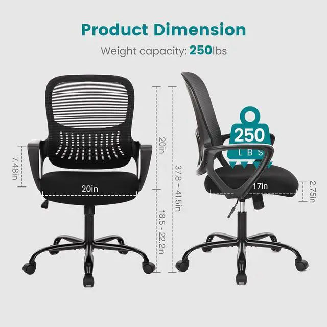 Alt view image 6 of 7 - Office Computer Desk Chair, Ergonomic Mid-Back Mesh Rolling Work Swivel Task Chairs with Wheels, Comfortable Lumbar Support, Comfy Arms for Home, Bedroom, Study, Dorm, Student, Adults, Black