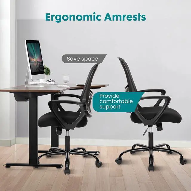 Alt view image 7 of 7 - Office Computer Desk Chair, Ergonomic Mid-Back Mesh Rolling Work Swivel Task Chairs with Wheels, Comfortable Lumbar Support, Comfy Arms for Home, Bedroom, Study, Dorm, Student, Adults, Black