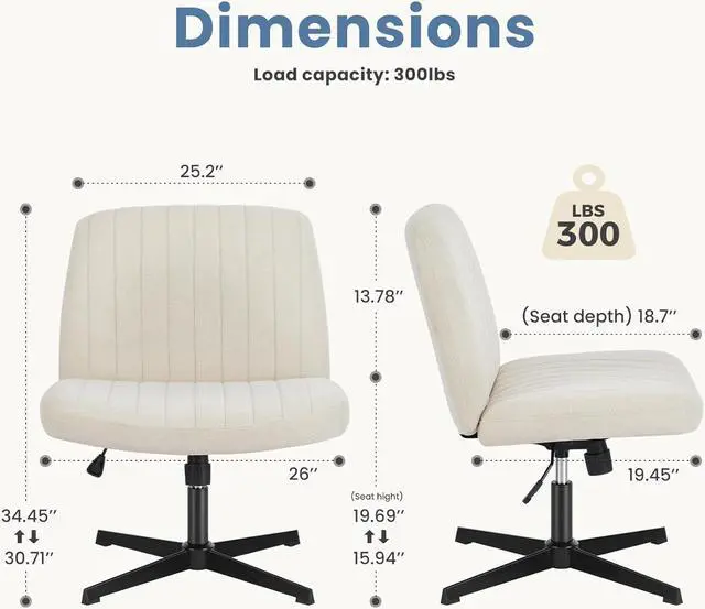 Alt view image 2 of 7 - DUMOS Cross Legged Office Chair, Armless Wide Home Office Desk Seat No Wheels, Modern Swivel Adjustable Fabric Vanity Seating for Bedroom