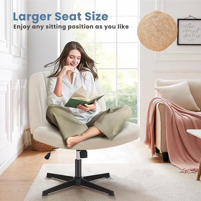 Alt view image 3 of 7 - DUMOS Cross Legged Office Chair, Armless Wide Home Office Desk Seat No Wheels, Modern Swivel Adjustable Fabric Vanity Seating for Bedroom
