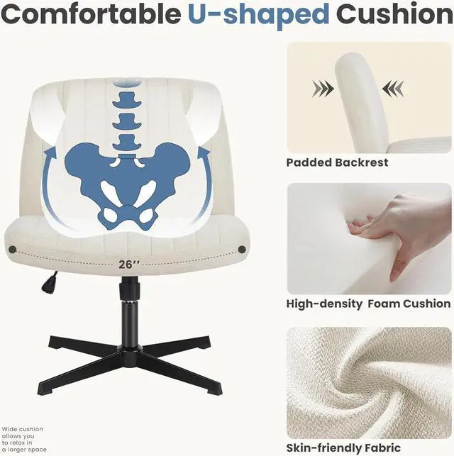 Alt view image 4 of 7 - DUMOS Cross Legged Office Chair, Armless Wide Home Office Desk Seat No Wheels, Modern Swivel Adjustable Fabric Vanity Seating for Bedroom