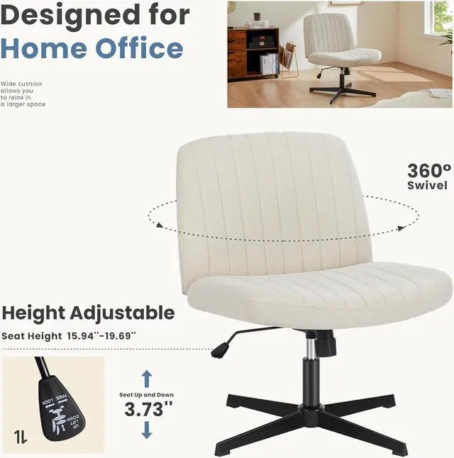 Alt view image 6 of 7 - DUMOS Cross Legged Office Chair, Armless Wide Home Office Desk Seat No Wheels, Modern Swivel Adjustable Fabric Vanity Seating for Bedroom