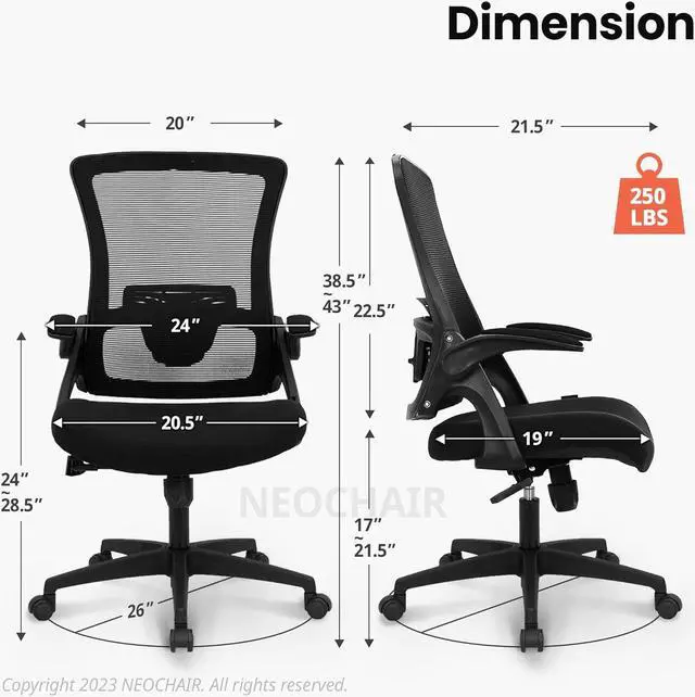 Alt view image 2 of 7 - NEO CHAIR High Back Mesh Chair Adjustable Height and Ergonomic Design Home Office Computer Desk Chair Executive Lumbar Support Padded Flip-up Armrest Swivel Chair (Black)