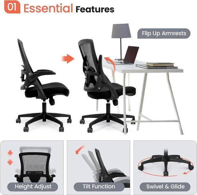 Alt view image 3 of 7 - NEO CHAIR High Back Mesh Chair Adjustable Height and Ergonomic Design Home Office Computer Desk Chair Executive Lumbar Support Padded Flip-up Armrest Swivel Chair (Black)