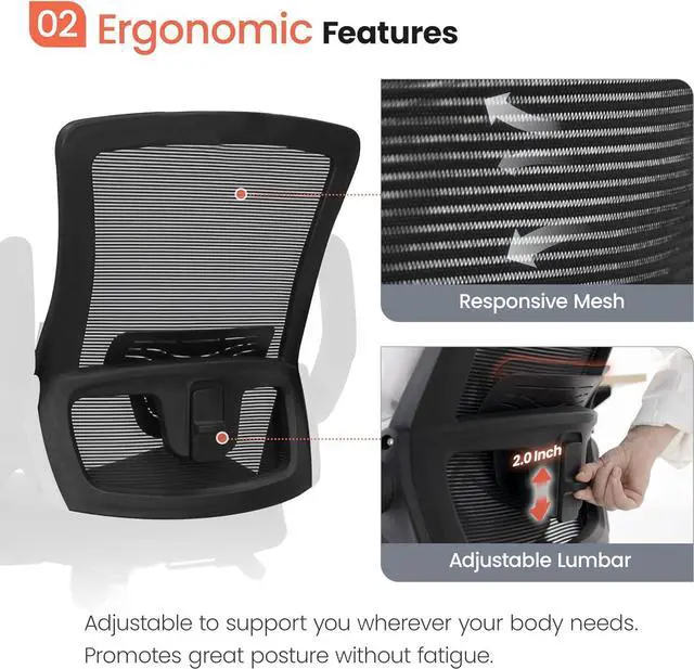 Alt view image 4 of 7 - NEO CHAIR High Back Mesh Chair Adjustable Height and Ergonomic Design Home Office Computer Desk Chair Executive Lumbar Support Padded Flip-up Armrest Swivel Chair (Black)