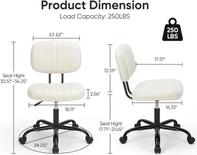 Alt view image 2 of 7 - Armless Home Office Chair Ergonomic Desk with Comfy Low Back Lumbar Support, Height Adjustable PU Leather Computer Task with 360° Swivel Wheels, for Small Space, Kids and Adults, Beige White