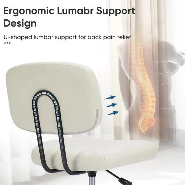 Alt view image 3 of 7 - Armless Home Office Chair Ergonomic Desk with Comfy Low Back Lumbar Support, Height Adjustable PU Leather Computer Task with 360° Swivel Wheels, for Small Space, Kids and Adults, Beige White