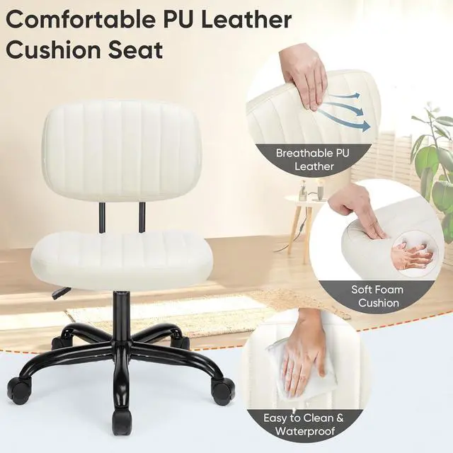 Alt view image 4 of 7 - Armless Home Office Chair Ergonomic Desk with Comfy Low Back Lumbar Support, Height Adjustable PU Leather Computer Task with 360° Swivel Wheels, for Small Space, Kids and Adults, Beige White