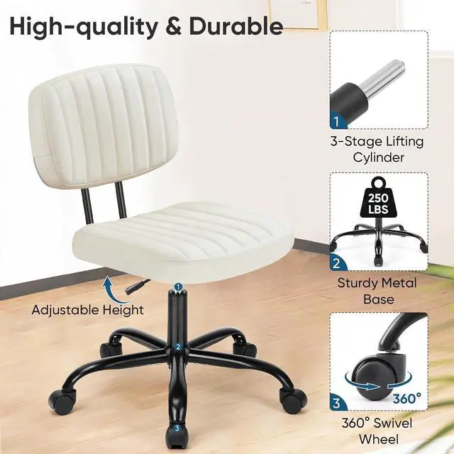 Alt view image 5 of 7 - Armless Home Office Chair Ergonomic Desk with Comfy Low Back Lumbar Support, Height Adjustable PU Leather Computer Task with 360° Swivel Wheels, for Small Space, Kids and Adults, Beige White