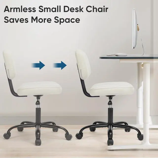 Alt view image 6 of 7 - Armless Home Office Chair Ergonomic Desk with Comfy Low Back Lumbar Support, Height Adjustable PU Leather Computer Task with 360° Swivel Wheels, for Small Space, Kids and Adults, Beige White