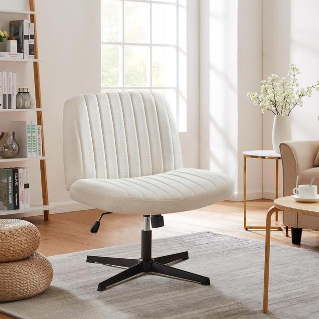 Alt view image 6 of 6 - Criss Cross Chair Legged, Armless Office Desk Chair No Wheels, Swivel Vanity Chair, Height Adjustable Wide Seat Computer Task Chair, Fabric Vanity Modern Home Chair Beige