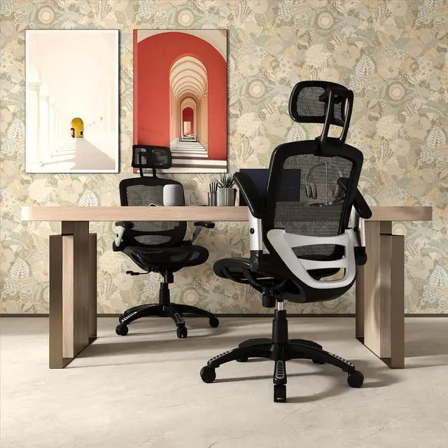 Alt view image 2 of 7 - Ergonomic Mesh Office Chair, High Back Desk Chair - Adjustable Headrest with Flip-Up Arms, Tilt Function, Lumbar Support and PU Wheels, Swivel Computer Task Chair