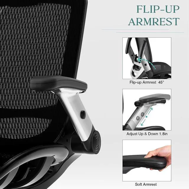 Alt view image 5 of 7 - Ergonomic Mesh Office Chair, High Back Desk Chair - Adjustable Headrest with Flip-Up Arms, Tilt Function, Lumbar Support and PU Wheels, Swivel Computer Task Chair