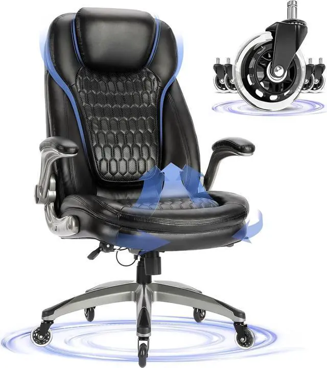 Main image of Office Chair-Ergonomic Computer Desk Chair with Thick Seat for Comfort, High Back Executive Chair with Padded Flip-up Arms, Stylish Leather Chair with Upgraded Caster for Swivel (Black, 300lbs)