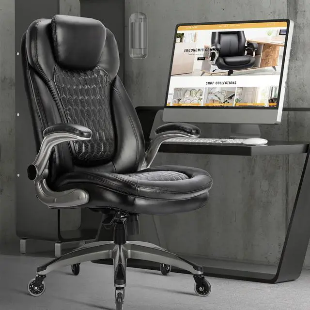 Alt view image 2 of 7 - Office Chair-Ergonomic Computer Desk Chair with Thick Seat for Comfort, High Back Executive Chair with Padded Flip-up Arms, Stylish Leather Chair with Upgraded Caster for Swivel (Black, 300lbs)