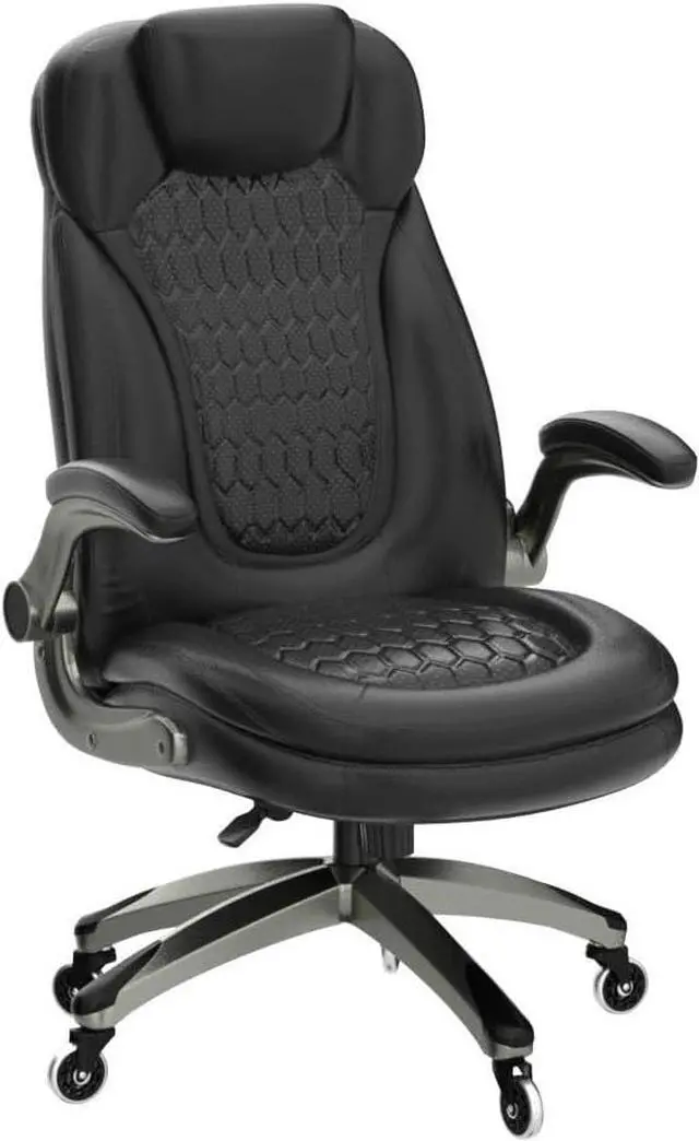 Alt view image 6 of 7 - Office Chair-Ergonomic Computer Desk Chair with Thick Seat for Comfort, High Back Executive Chair with Padded Flip-up Arms, Stylish Leather Chair with Upgraded Caster for Swivel (Black, 300lbs)