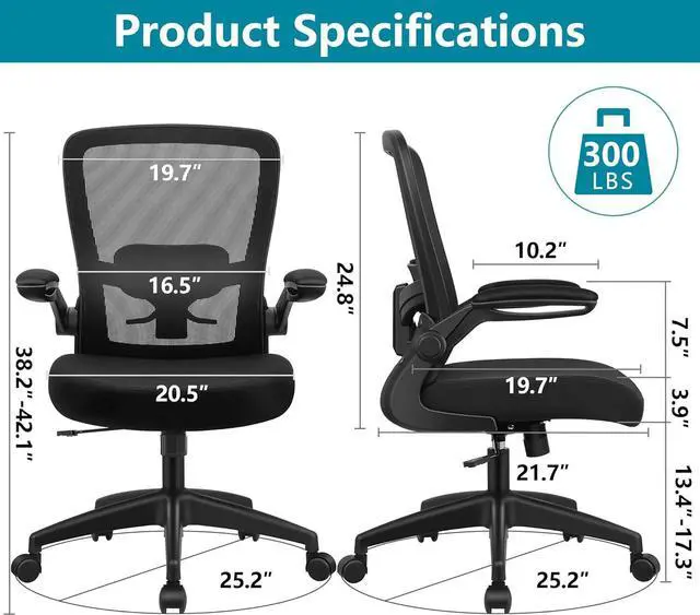Alt view image 2 of 7 - Ergonomic Office Chair with Adjustable High Back, Breathable Mesh, Lumbar Support, Flip-up Armrests, Executive Rolling Swivel Comfy Task Computer Chair for Home Office (Black)