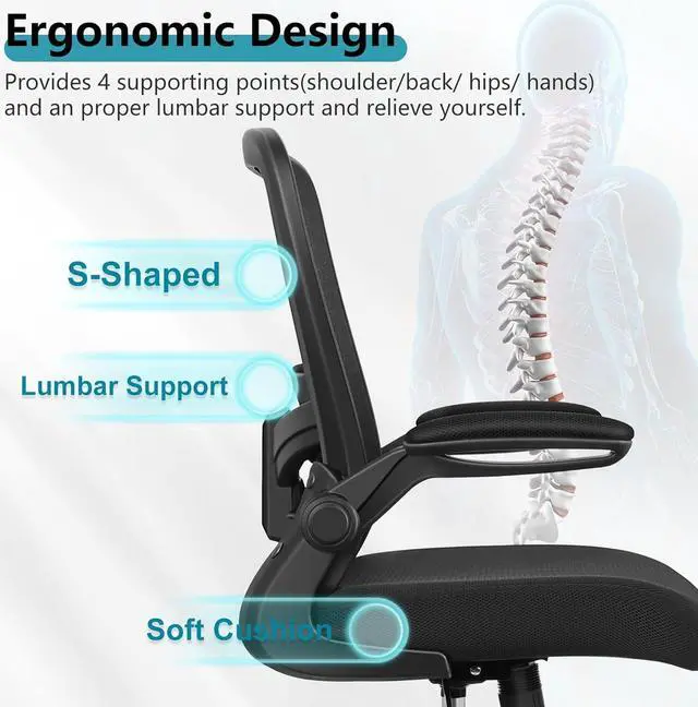 Alt view image 3 of 7 - Ergonomic Office Chair with Adjustable High Back, Breathable Mesh, Lumbar Support, Flip-up Armrests, Executive Rolling Swivel Comfy Task Computer Chair for Home Office (Black)