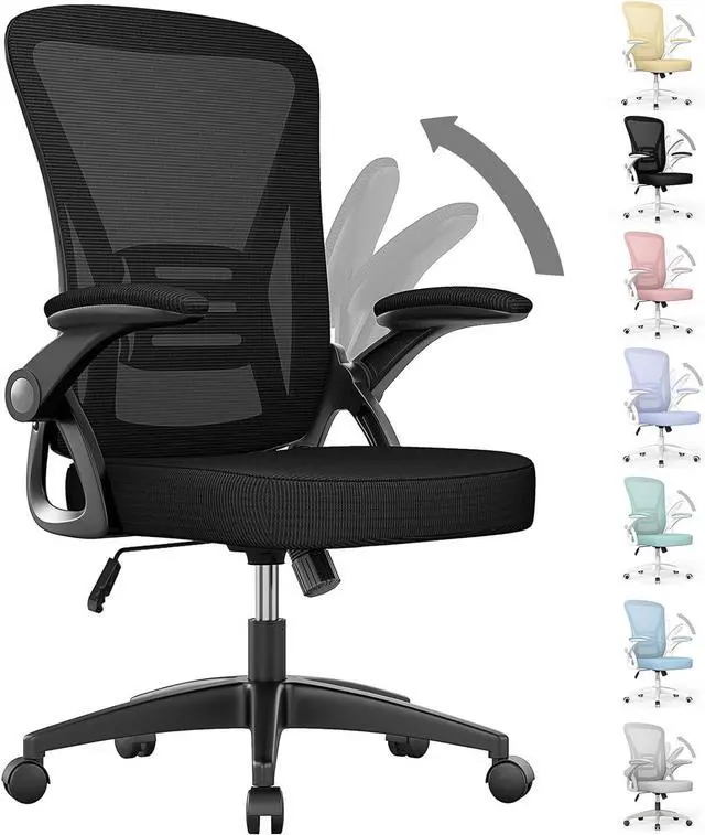 Main image of Ergonomic Office Chair, Mid Back Desk Chair with Adjustable Height, Swivel Chair with Flip-Up Arms and Lumbar Support, Breathable Mesh Computer Chair for Home/Study/Working, Dark Black
