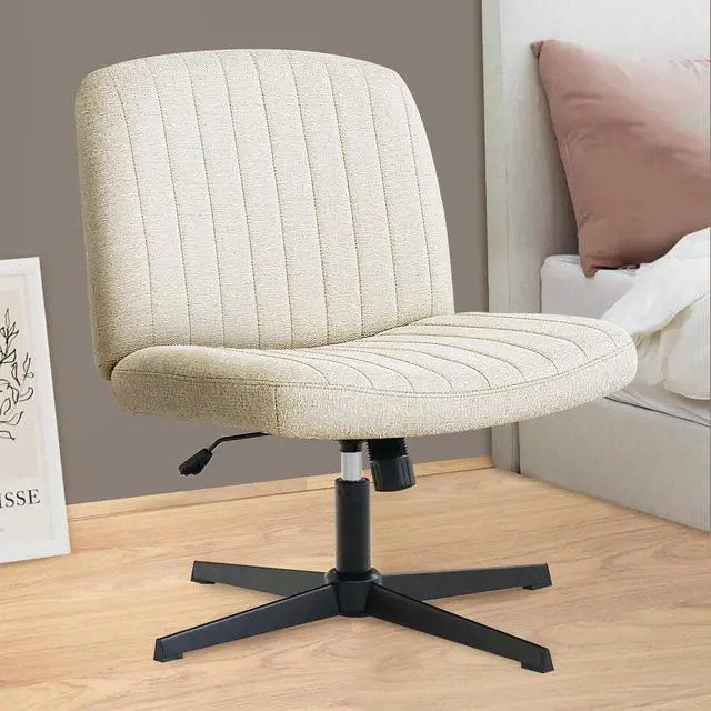 Main image of Cross Legged Office Desk Chair No Wheels Fabric Padded Modern Swivel Height Adjustable Wide Seat Computer Task Vanity Chair for Home Office Mid Back Accent Chair (Beige)
