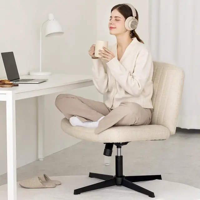 Alt view image 3 of 7 - Cross Legged Office Desk Chair No Wheels Fabric Padded Modern Swivel Height Adjustable Wide Seat Computer Task Vanity Chair for Home Office Mid Back Accent Chair (Beige)