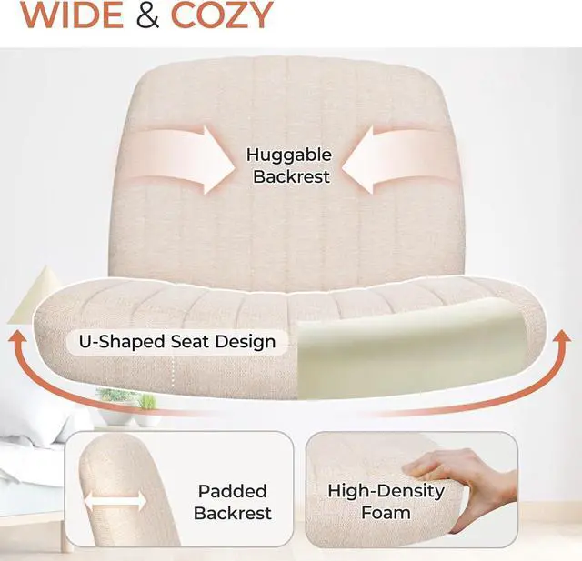 Alt view image 4 of 7 - Cross Legged Office Desk Chair No Wheels Fabric Padded Modern Swivel Height Adjustable Wide Seat Computer Task Vanity Chair for Home Office Mid Back Accent Chair (Beige)