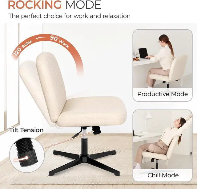 Alt view image 5 of 7 - Cross Legged Office Desk Chair No Wheels Fabric Padded Modern Swivel Height Adjustable Wide Seat Computer Task Vanity Chair for Home Office Mid Back Accent Chair (Beige)