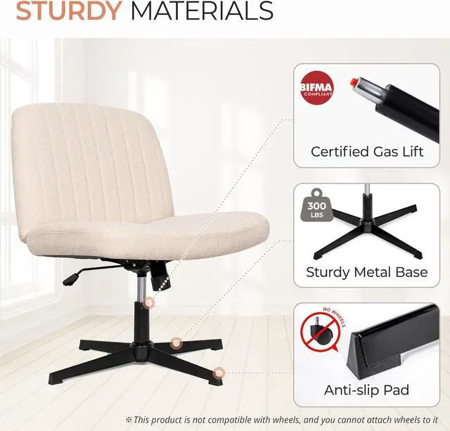 Alt view image 7 of 7 - Cross Legged Office Desk Chair No Wheels Fabric Padded Modern Swivel Height Adjustable Wide Seat Computer Task Vanity Chair for Home Office Mid Back Accent Chair (Beige)
