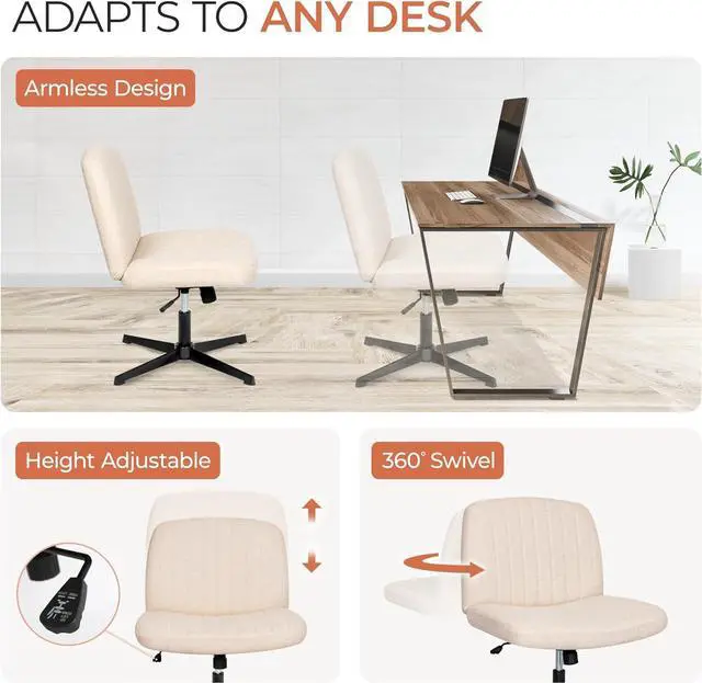 Alt view image 6 of 7 - Cross Legged Office Desk Chair No Wheels Fabric Padded Modern Swivel Height Adjustable Wide Seat Computer Task Vanity Chair for Home Office Mid Back Accent Chair (Beige)